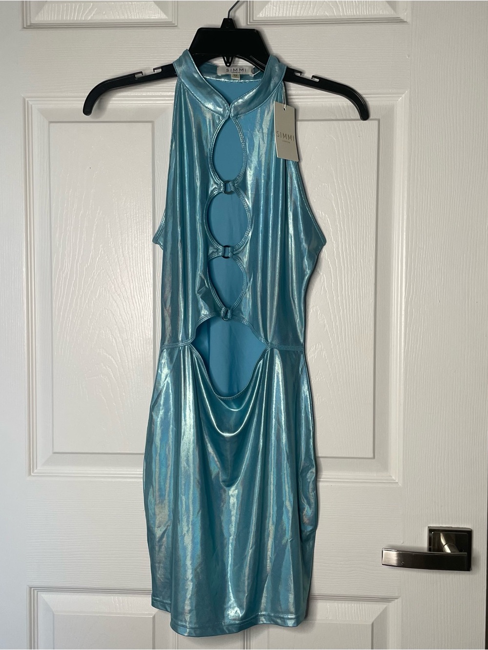 NWT Simmi London Metallic Aqua Cutout Tank Mini Dress